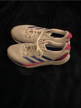 adidas White Sneakers with Blue Stripes & Pink Accents